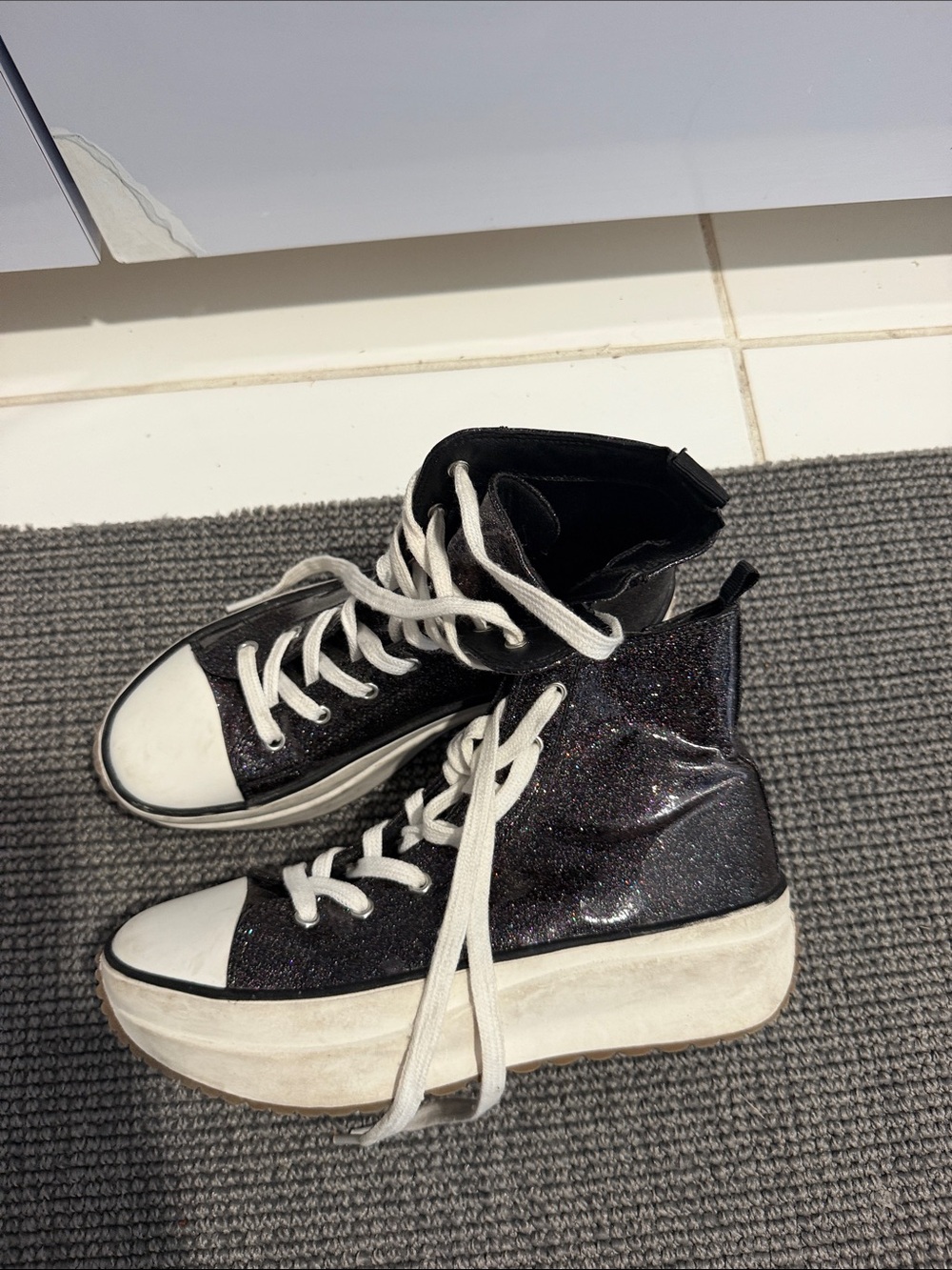 Steve Madden Black Glitter High-Top Platform Sneakers with White Accents